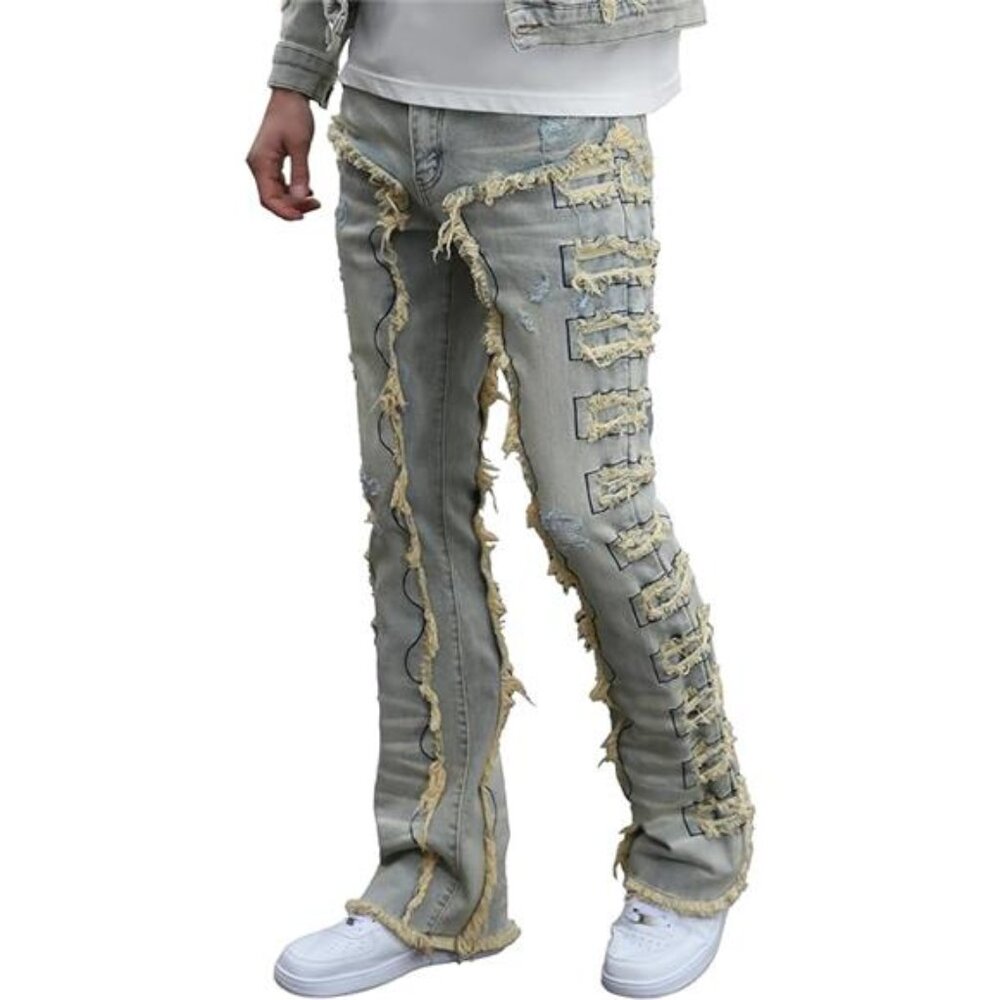 New w Tags Men's Ripped Bootcut Jeans Slim Fit Bell Bottom Ripped Flared Denim - Picture 7 of 7